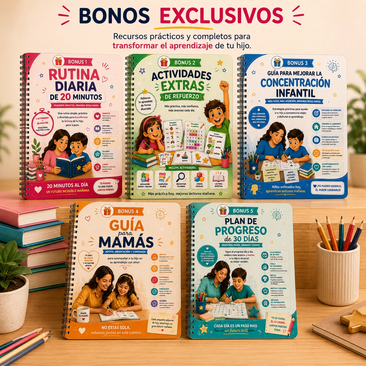 Mockup de los 5 bonos exclusivos del Método Fonético Visual