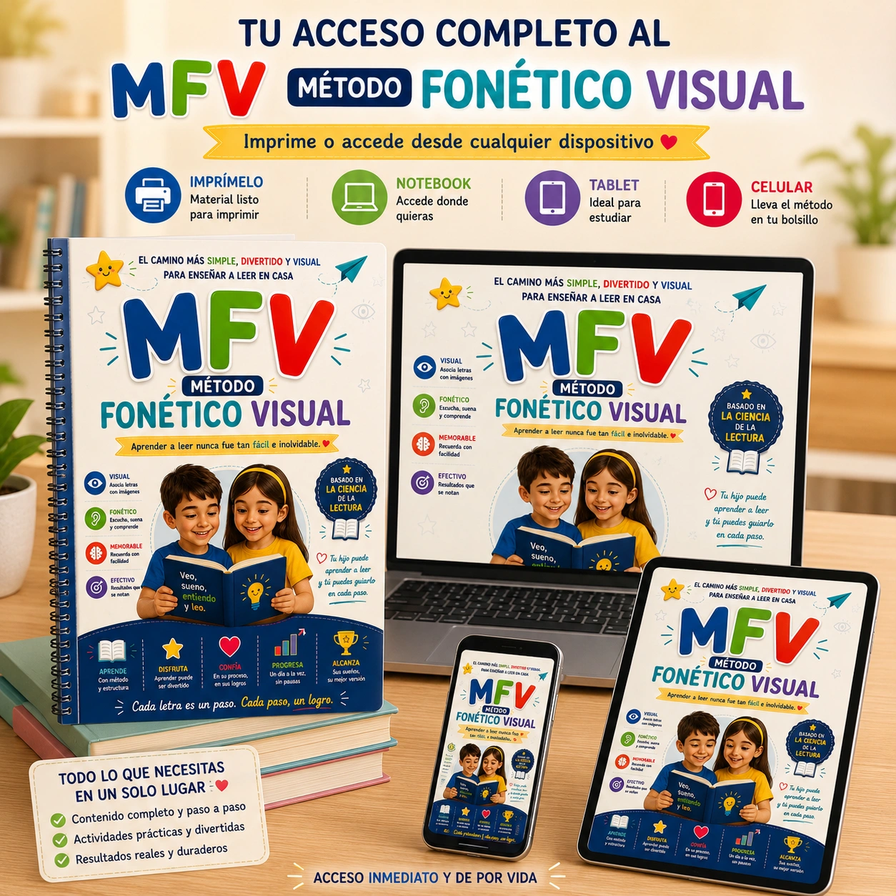 Mockup del Método Fonético Visual: cuaderno impreso, notebook, tablet y celular con el material