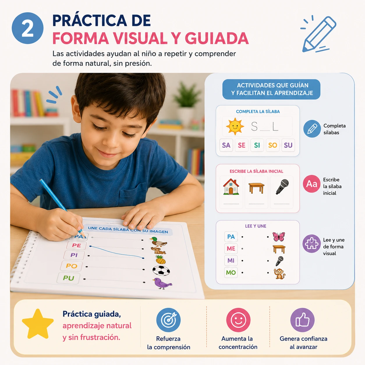 Niño practicando de forma guiada: completa sílabas y une palabras con imágenes
