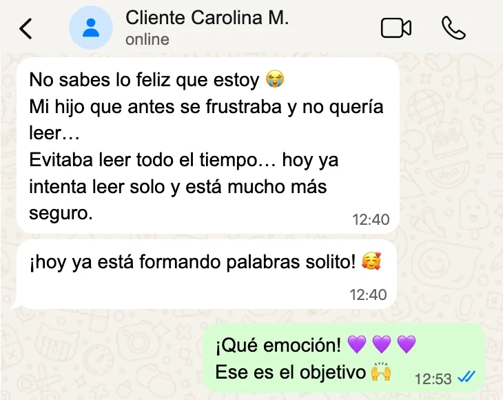 Carolina M. — conversación de WhatsApp: hoy ya está formando palabras solito