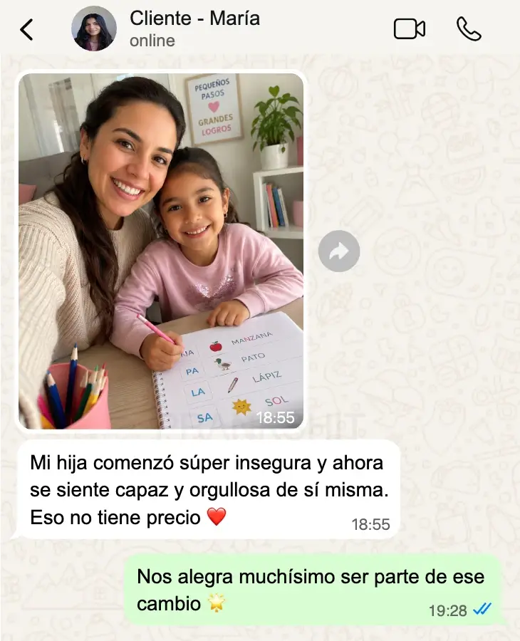 Cliente María — WhatsApp: mi hija se siente capaz y orgullosa de sí misma